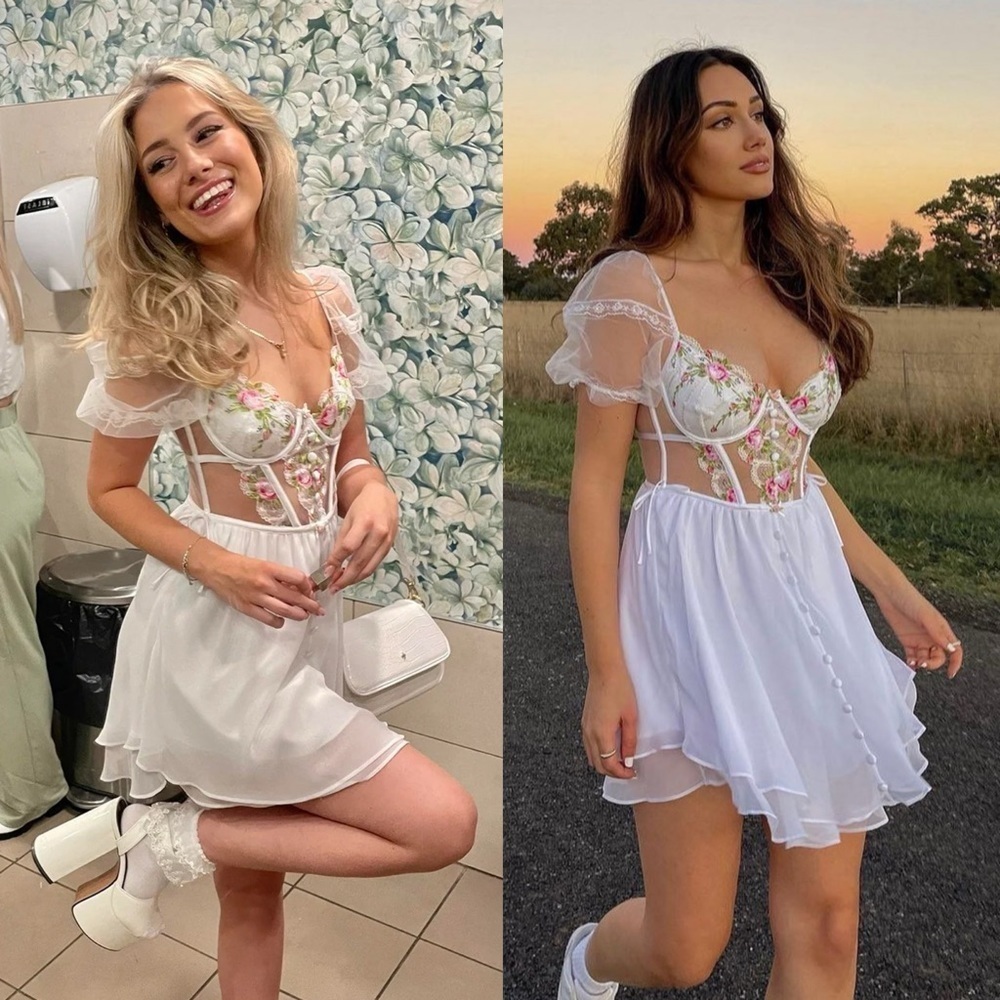 For Love and Lemons Trellis Embroidered Floral Bustier Mini Dress White